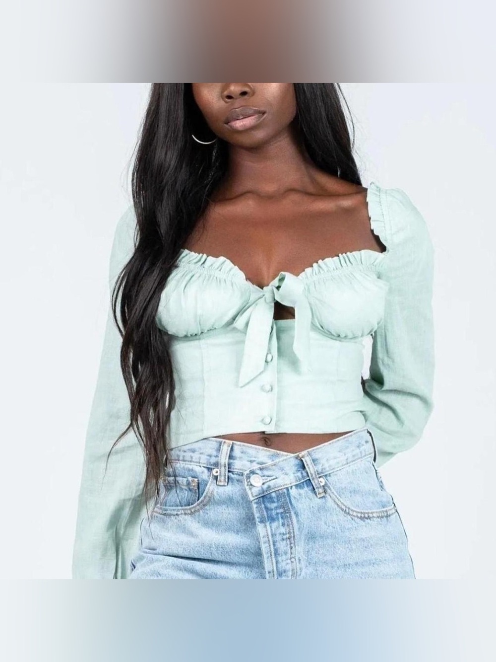 Princess Polly Audrey Green Sweetheart Neck Long Puff Sleeve Top